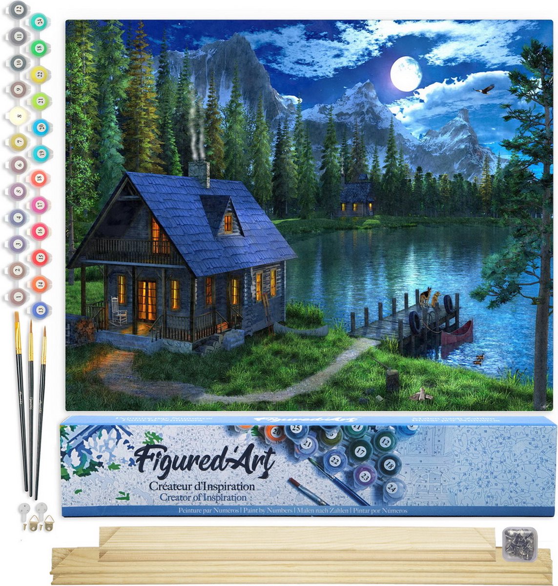 FiguredArt Schilderen op Nummer Volwassenen canvas Nachtelijk meer - Handwerk acrylverf Kit DIY Compleet - 40x50cm met DIY houten lijst